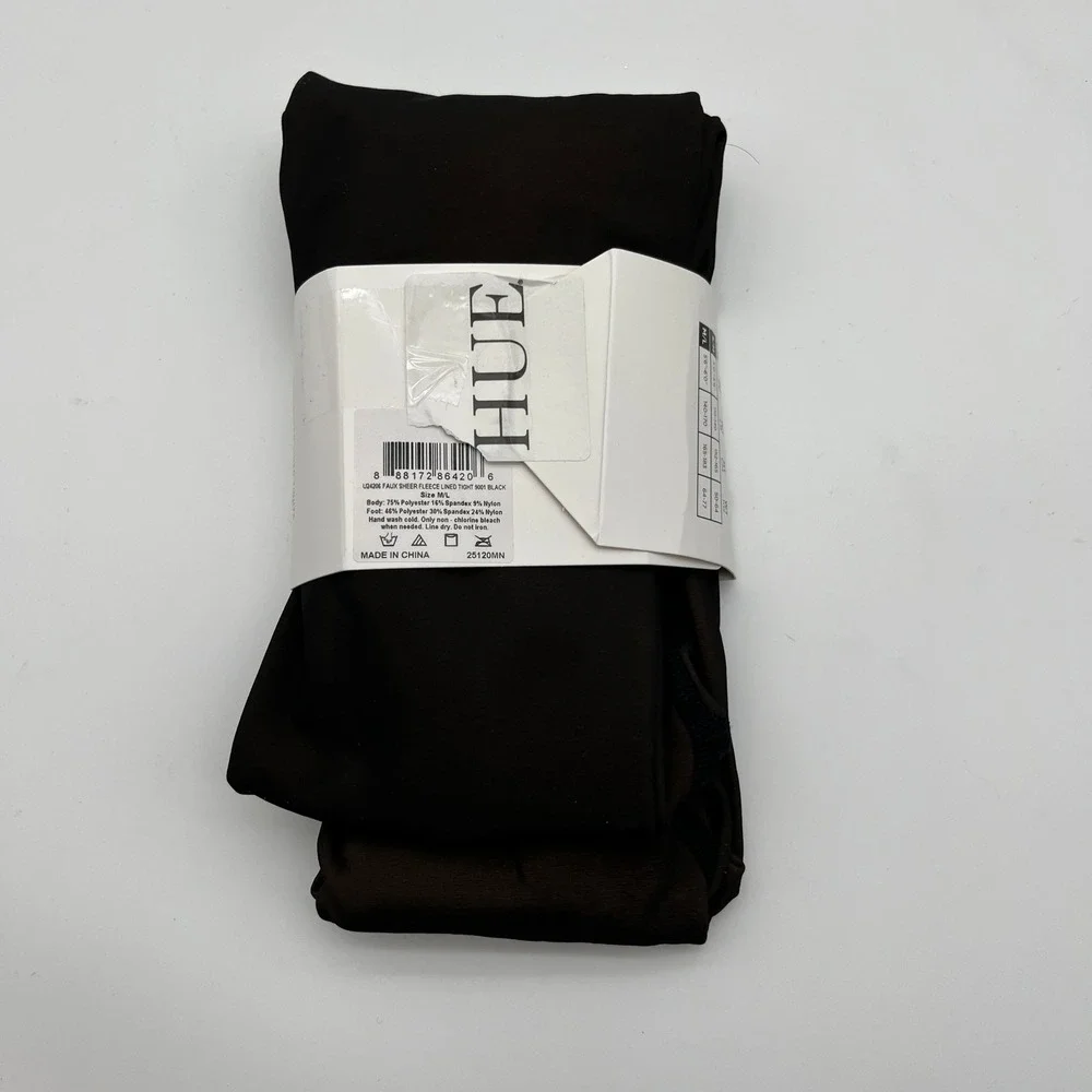 HUE Tights Womens M/L Black Faux Sheer Fleece Lined Blackout Hosiery U24206